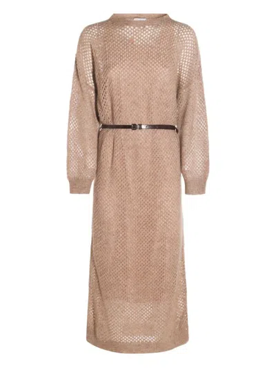 Brunello Cucinelli Hazelnut Color Midi Dress With Waist Belt In Nude