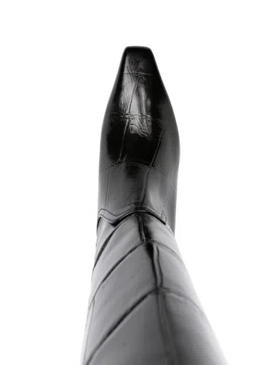Paris Texas Crocodile-effect Knee-high Boots With Sleek Silhouette And Pointed Toe In Black