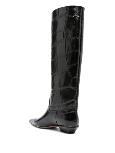 Paris Texas Crocodile-effect Knee-high Boots With Sleek Silhouette And Pointed Toe In Black
