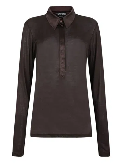 Tom Ford Semi-sheer Silk Long-sleeved Top In Brown