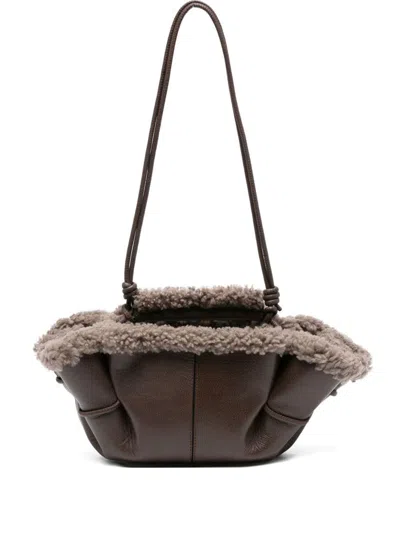 Hereu Mini Leather Handbag Shearling Trim In Brown
