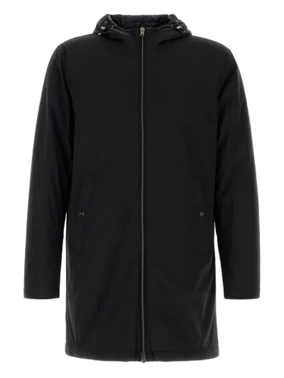 Herno Stretch Nylon Parka With Hood And Pockets In Black