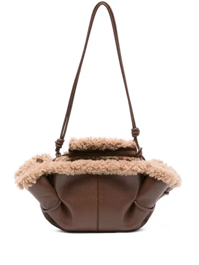Hereu Mini Leather Handbag Shearling Trim In Brown