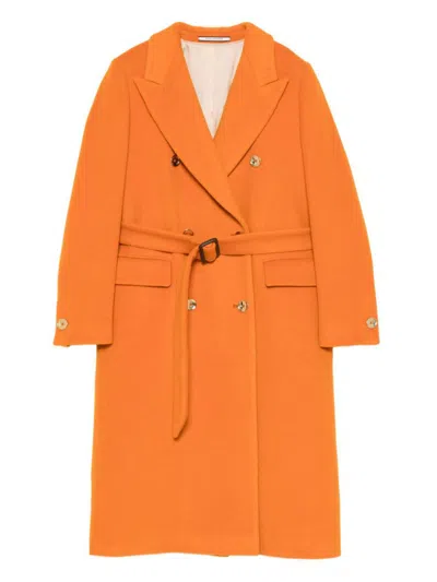 Tagliatore Long Length Wool Coat With Gold-tone Buttons In Orange