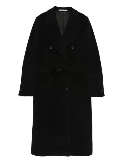 Tagliatore Long Double-breasted Wool Coat Belted Waist In Black