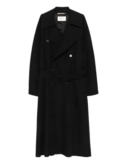 Saint Laurent Double-breasted Long Coat In Grain De Poudre In Black