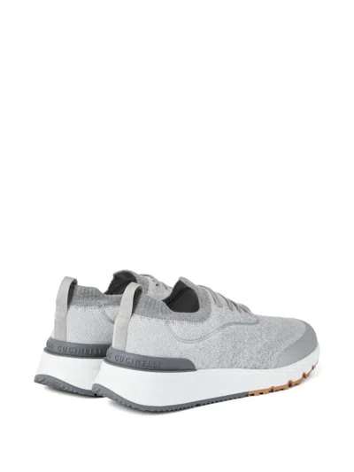 Brunello Cucinelli Techno Cotton Knit Runners With Heat Tape In Gray