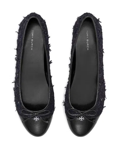 Tory Burch Round Toe Ballerina Shoes With Bow Detail In Black