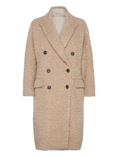 Brunello Cucinelli Boucle Double-breasted Coat Sequin Embellishment In Neutral