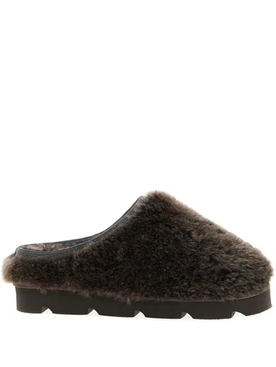 Brunello Cucinelli Round Toe Faux Fur Flat Sole Sandals In Brown