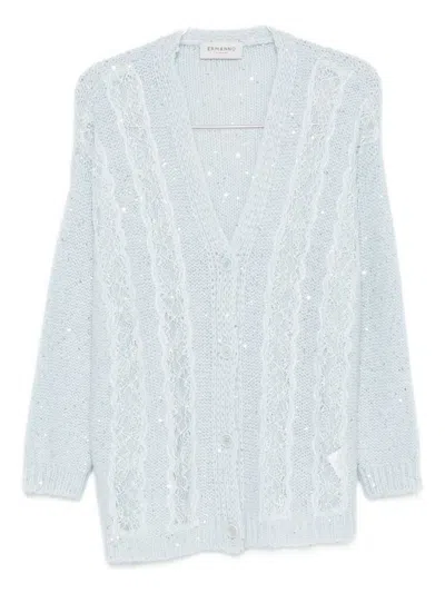 Ermanno Firenze Cable Knit Cardigan With Lace And Sequins In Blue