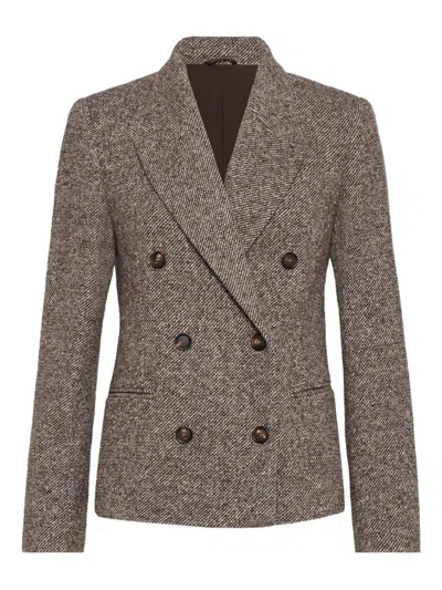 Brunello Cucinelli Virgin Wool And Silk Melange Diagonal Double-breasted Blazer In Brown