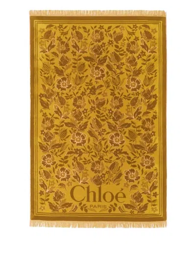 Chloé Cotton Toweling Scarf With Floral Jacquard Motif In Yellow