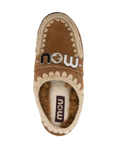 Mou Bounce Beige Mules With Logo Lettering And Open Rear In Leather Woman In Brown