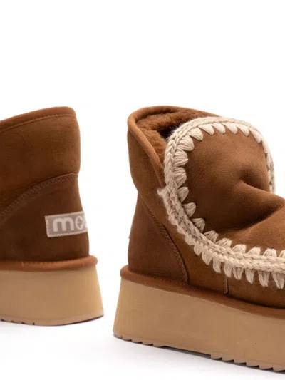 Mou Mini Eskimo Beige Ankle Boots With Logo Patch On The Rear In Leather And Suede Woman In Multi