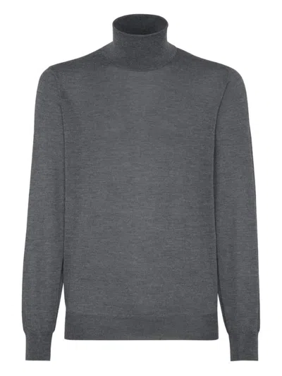 Brunello Cucinelli Wool Turtleneck Sweater With Ribbed Cuffs And Hem In Gray