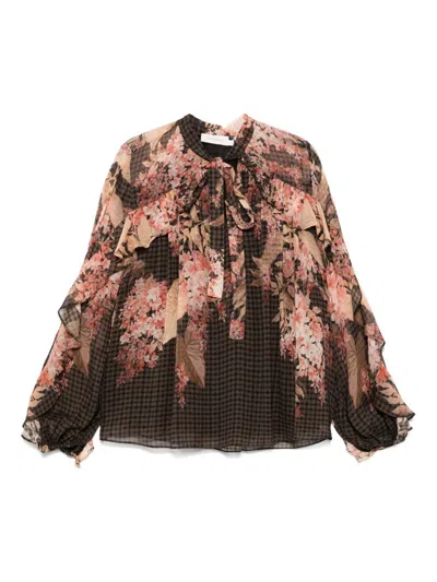 Zimmermann Womens Black Floral Illuminate Flutter Floral-print Sheer Blouse In Brown