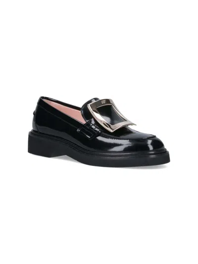 Roger Vivier Viv' Rangers Black Loafers With Metal Buckle In Black