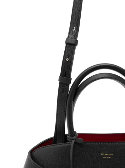 Ferragamo 'hug M' Black Handbag With Logo And Gancini Buckle In Leather Woman In Black