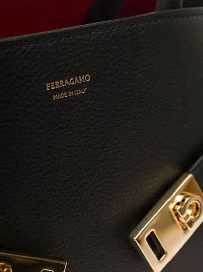 Ferragamo 'hug M' Black Handbag With Logo And Gancini Buckle In Leather Woman In Black