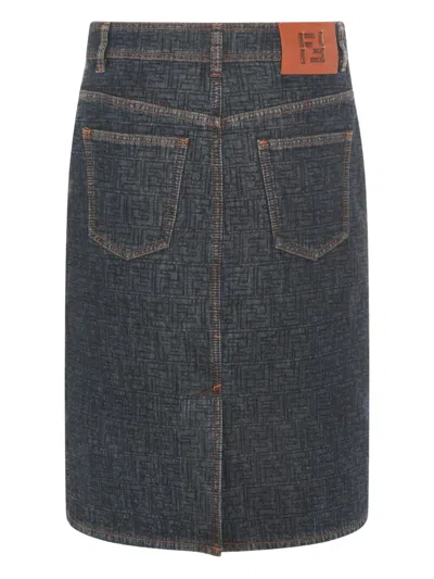 Fendi Flared Midi Denim Skirt With All-over Quilted Ff Motif Clothing In Green