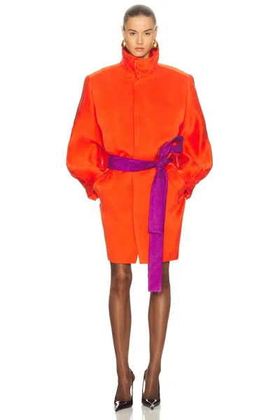 Saint Laurent Belted Stonewashed Silk Satin Coat In Orange