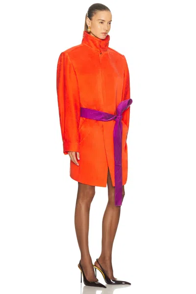 Saint Laurent Belted Stonewashed Silk Satin Coat In Orange