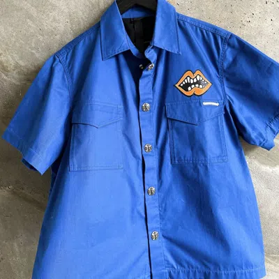 Pre-owned Chrome Hearts Matty Boy Chomper Patch Silk Button Up Mechanic Work Shirt In Blue