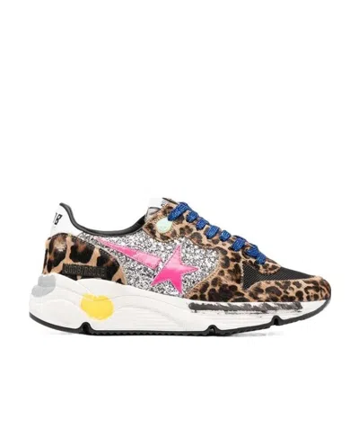 Golden Goose Running Sole Sneakers In Leopard-print Pony Skin With Silver Glitter Inserts. In Multi