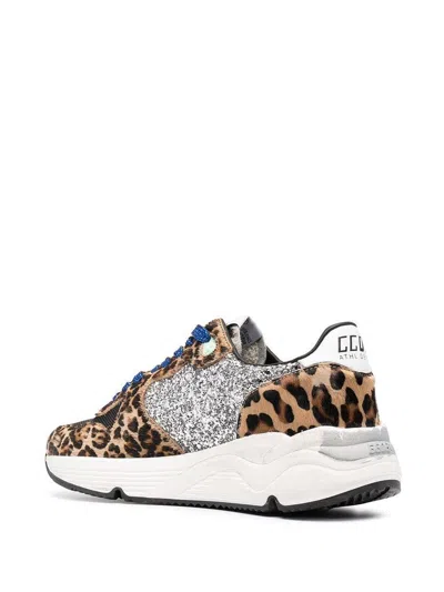 Golden Goose Running Sole Sneakers In Leopard-print Pony Skin With Silver Glitter Inserts. In Multi