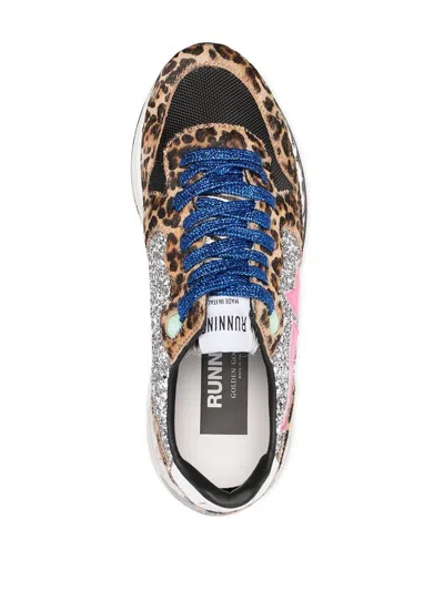 Golden Goose Running Sole Sneakers In Leopard-print Pony Skin With Silver Glitter Inserts. In Multi