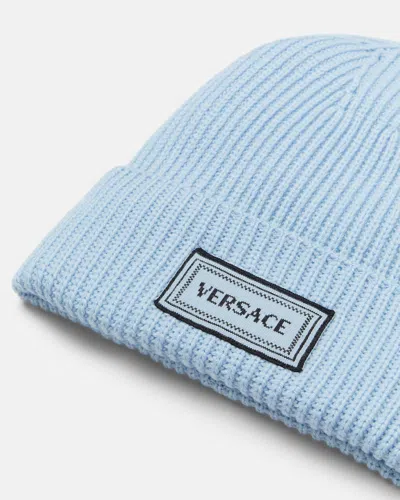 Versace Logo Patch Beanie In Blue