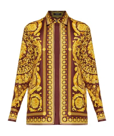 Versace Baroque Pattern Long Sleeved Shirt In Brown