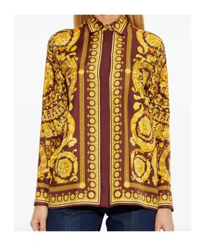 Versace Baroque Pattern Long Sleeved Shirt In Brown