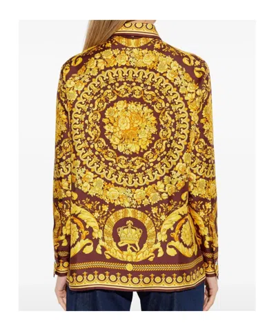 Versace Baroque Pattern Long Sleeved Shirt In Brown