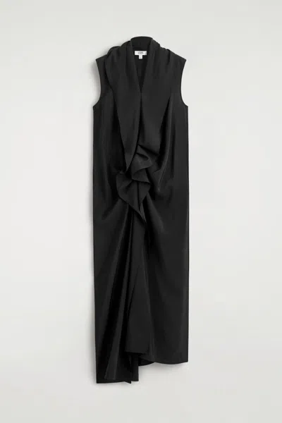 Cos Ruffled Draped Midi Dress In Black