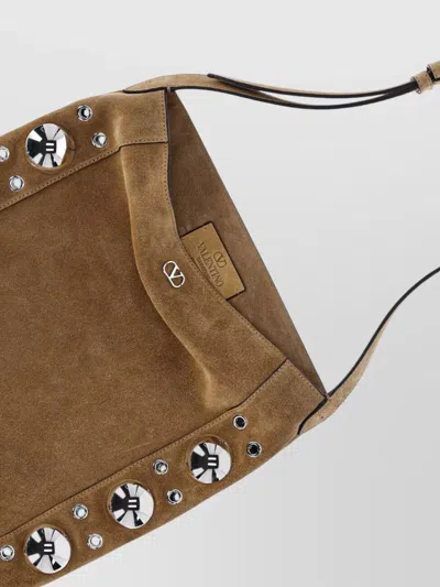Valentino Chic Shoulder Bag With Fringe And Studs In Brown