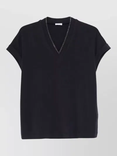 Brunello Cucinelli V-neck T-shirt Featuring Rolled Cuffs In Black