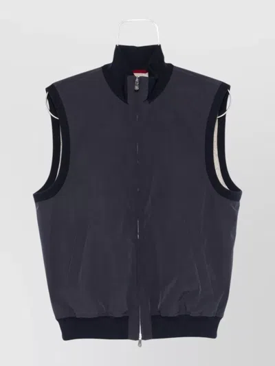 Brunello Cucinelli High Collar Sleeveless Down Vest With Pockets In Blue