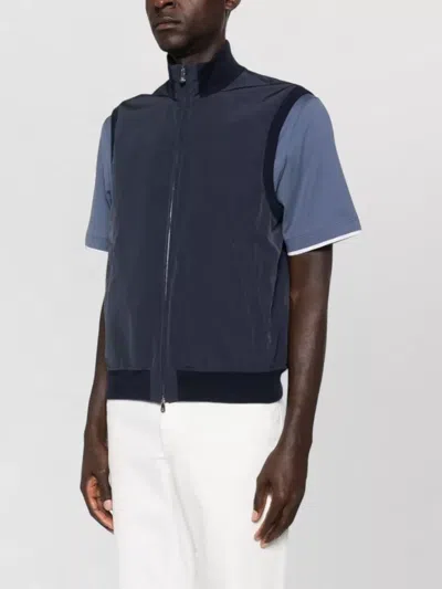 Brunello Cucinelli High Collar Sleeveless Down Vest With Pockets In Blue