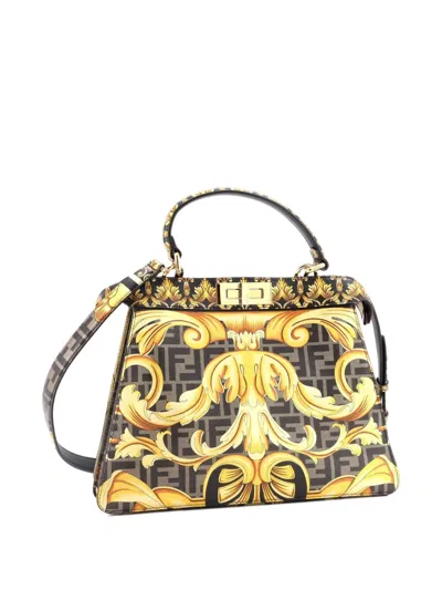 Pre-owned Fendi X Versace Fendace Iseeu Peekaboo Bag Printed Laminated Leather Medium Satchel In Black