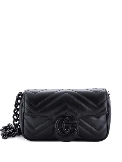 Pre-owned Gucci Gg Marmont Flap Matelasse Leather Belt Bag In Black