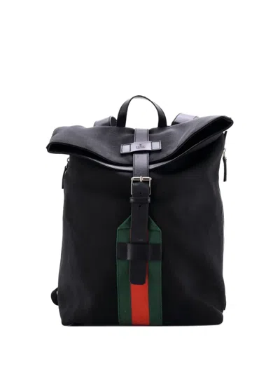 Pre-owned Gucci Web Fold Over Techno Canvas Medium Backpack In Black