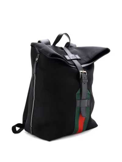Pre-owned Gucci Web Fold Over Techno Canvas Medium Backpack In Black