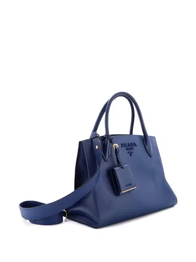 Pre-owned Prada Monochrome Saffiano With City Calf Medium Tote Bag In Blue