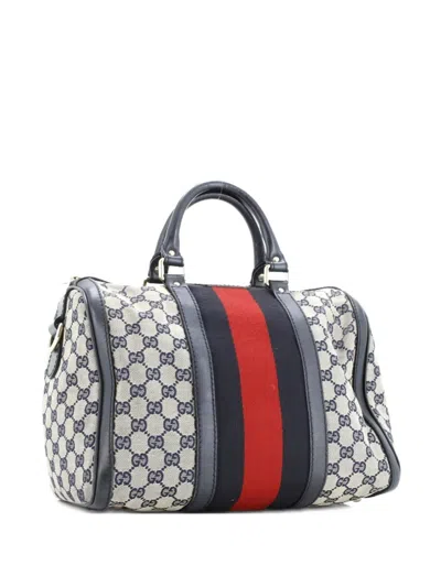 Pre-owned Gucci Vintage Web Boston Bag Gg Canvas Medium Satchel In Blue