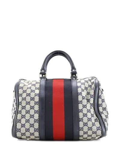Pre-owned Gucci Vintage Web Boston Bag Gg Canvas Medium Satchel In Blue