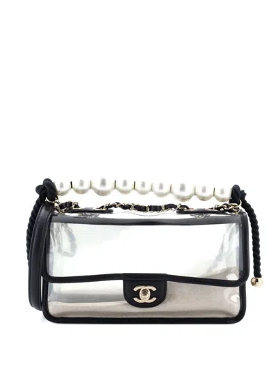 Pre-owned Chanel Sand By The Sea Pearl Flap Bag Pvc With Lambskin Medium Shoulder Bag In Black