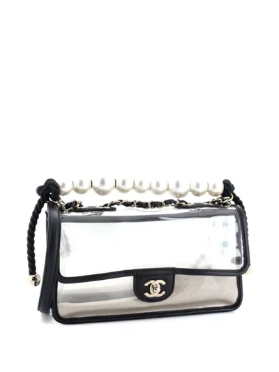 Pre-owned Chanel Sand By The Sea Pearl Flap Bag Pvc With Lambskin Medium Shoulder Bag In Black