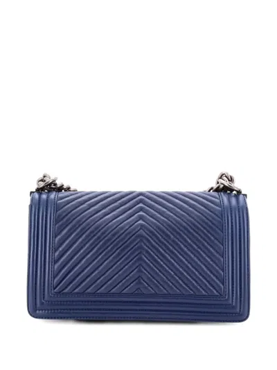 Pre-owned Chanel Boy Flap Bag Chevron Wrinkled Lambskin Old Medium Shoulder Bag In Blue